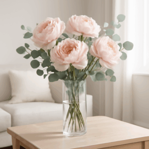 Bình mẫu đơn giả phối lá eucalyptus