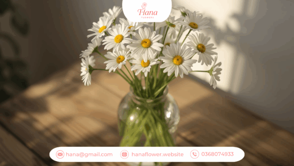 Hoa cúc Tana tươi sáng trong lọ thủy tinh